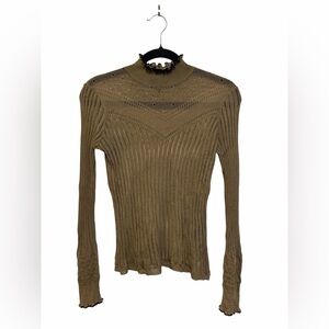 Rag & Bone Sheer Mesh Olive Mock Neck Ruffle Trim Long Sleeve Top Sz S/P